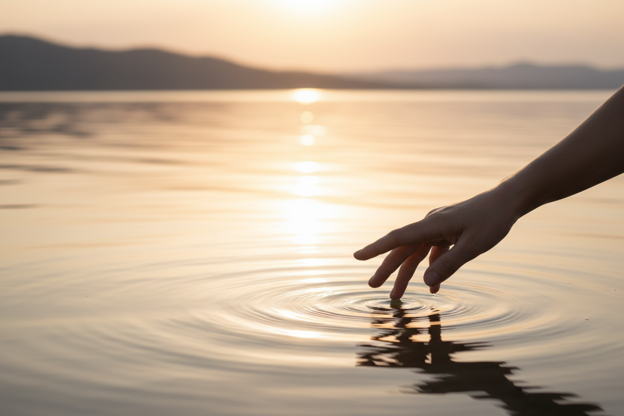 Hand berührt sanft die Wasseroberfläche eines Sees bei Sonnenuntergang – ein Moment der Stille und des Groundings